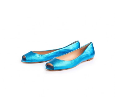 Ballerina in pelle liscia metallizata azzurra