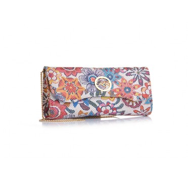 Borsa in pelle stampata con patta tondeggiante e logo centrale