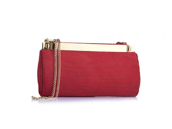 Pochette in pelle stampata con fascia metallica esterna e chiusura a scatto