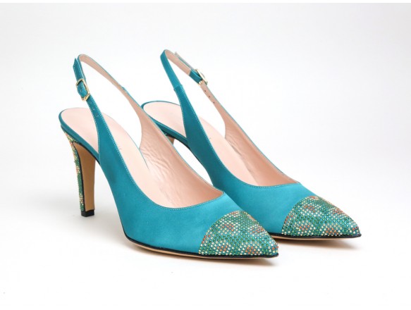 Slingback Roar in raso verde pavone